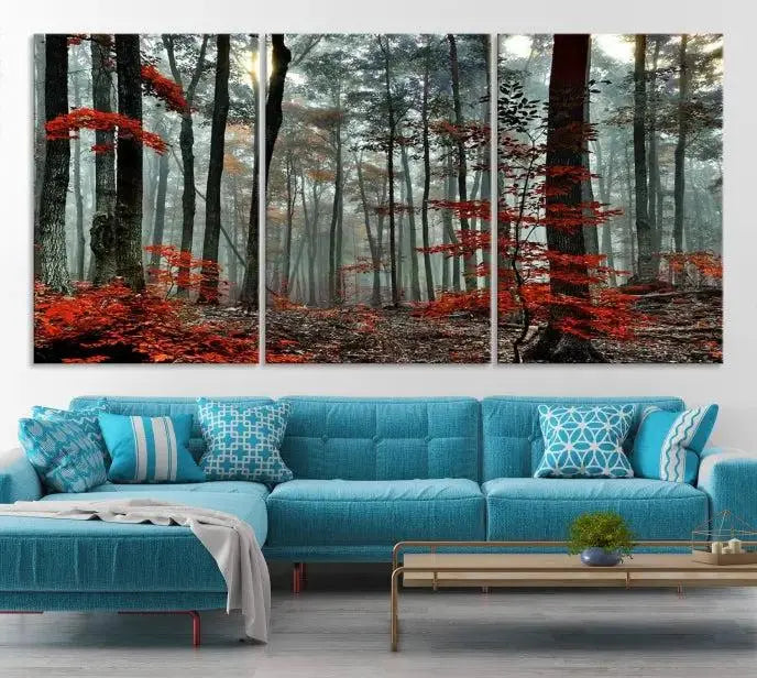 Autumn Forest Canvas Wall Art – Enchanting Red Leaves Triptych Print – Nature-Inspired Decor for Living Room or Office – Ready to Hang