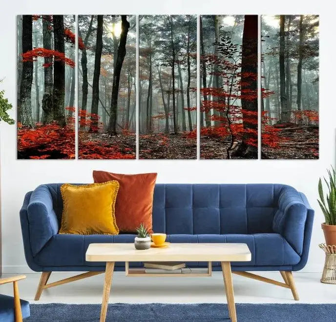 Autumn Forest Canvas Wall Art – Enchanting Red Leaves Triptych Print – Nature-Inspired Decor for Living Room or Office – Ready to Hang