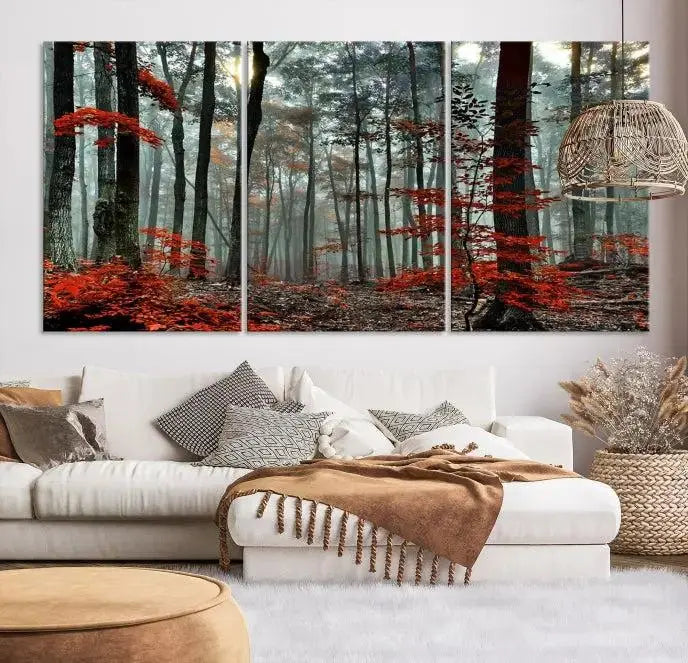 Autumn Forest Canvas Wall Art – Enchanting Red Leaves Triptych Print – Nature-Inspired Decor for Living Room or Office – Ready to Hang