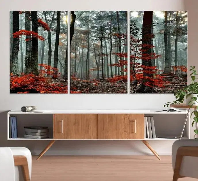 Autumn Forest Canvas Wall Art – Enchanting Red Leaves Triptych Print – Nature-Inspired Decor for Living Room or Office – Ready to Hang