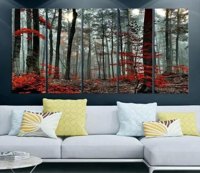 Autumn Forest Canvas Wall Art – Enchanting Red Leaves Triptych Print – Nature-Inspired Decor for Living Room or Office – Ready to Hang