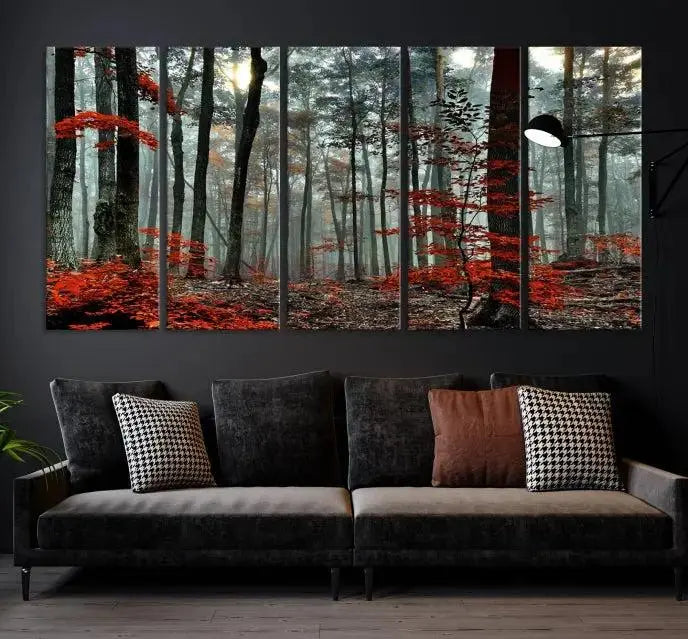 The Autumn Forest Canvas Wall Art showcases an enchanting triptych print of a foggy forest adorned with vibrant red leaves, offering nature-inspired wall art at its finest.
