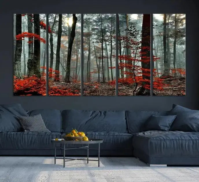 The Autumn Forest Canvas Wall Art showcases an enchanting triptych print of a foggy forest adorned with vibrant red leaves, offering nature-inspired wall art at its finest.