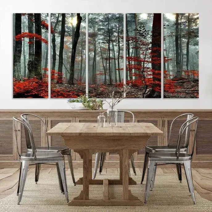 The Autumn Forest Canvas Wall Art showcases an enchanting triptych print of a foggy forest adorned with vibrant red leaves, offering nature-inspired wall art at its finest.