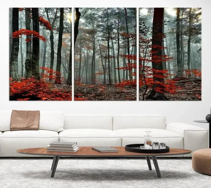The Autumn Forest Canvas Wall Art, an enchanting red leaves triptych print, beautifully enhances the bright, nature-inspired setting of the living room.
