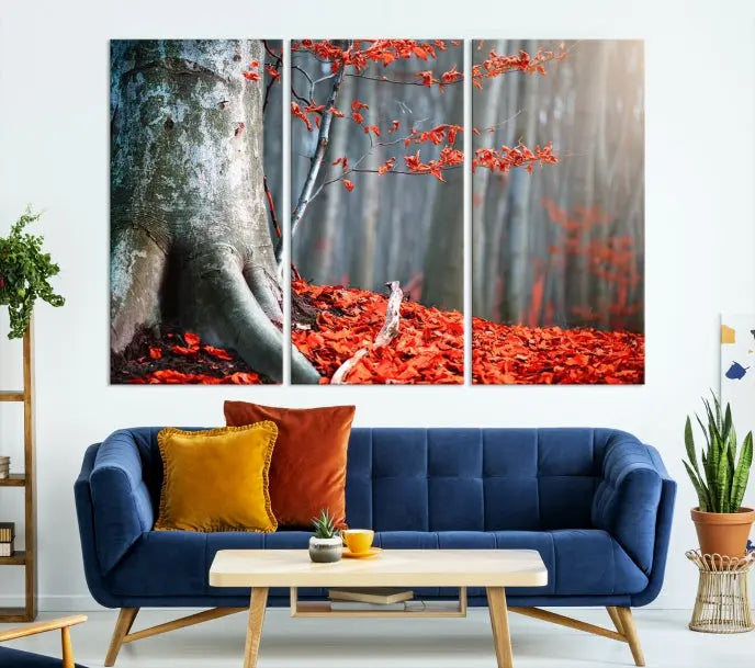 The room features the ready-to-hang Autumn Forest Wall Art Landscape Canvas Print, depicting a tree trunk with red leaves on the wall.