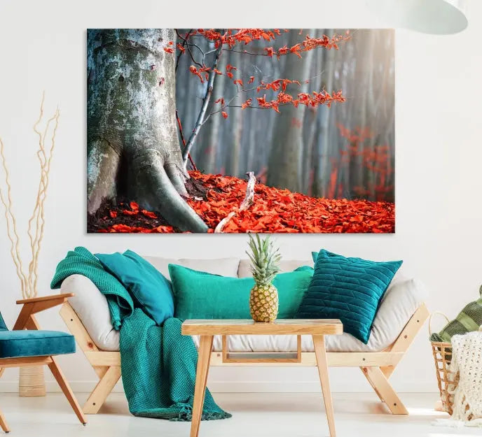 The room features the ready-to-hang Autumn Forest Wall Art Landscape Canvas Print, depicting a tree trunk with red leaves on the wall.