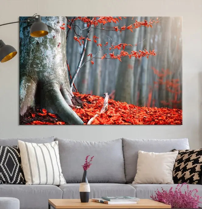 The room features the ready-to-hang Autumn Forest Wall Art Landscape Canvas Print, depicting a tree trunk with red leaves on the wall.