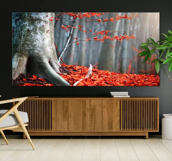 The room features the ready-to-hang Autumn Forest Wall Art Landscape Canvas Print, depicting a tree trunk with red leaves on the wall.