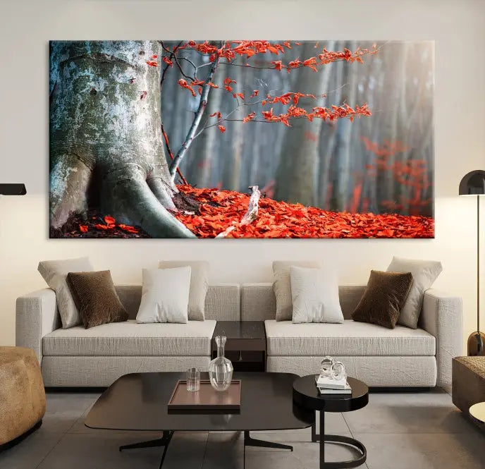 The room features the ready-to-hang Autumn Forest Wall Art Landscape Canvas Print, depicting a tree trunk with red leaves on the wall.