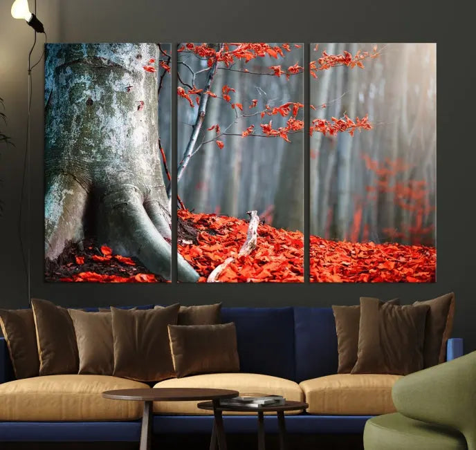 The room features the ready-to-hang Autumn Forest Wall Art Landscape Canvas Print, depicting a tree trunk with red leaves on the wall.