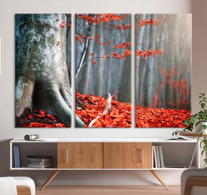 The room features the ready-to-hang Autumn Forest Wall Art Landscape Canvas Print, depicting a tree trunk with red leaves on the wall.