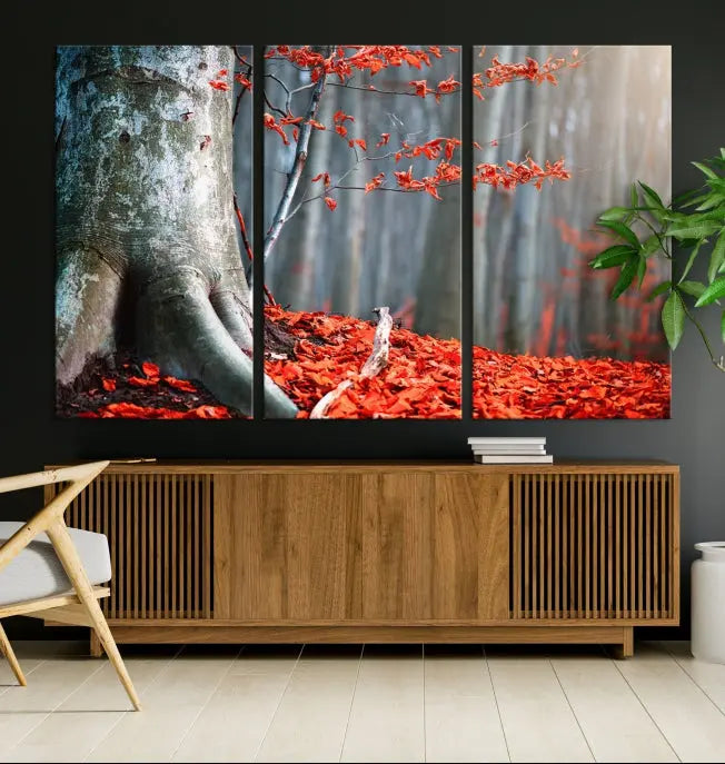 The room features the ready-to-hang Autumn Forest Wall Art Landscape Canvas Print, depicting a tree trunk with red leaves on the wall.