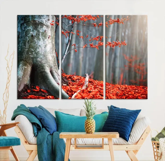 The room features the ready-to-hang Autumn Forest Wall Art Landscape Canvas Print, depicting a tree trunk with red leaves on the wall.