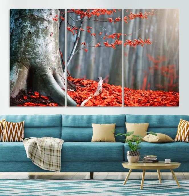 The room features the ready-to-hang Autumn Forest Wall Art Landscape Canvas Print, depicting a tree trunk with red leaves on the wall.