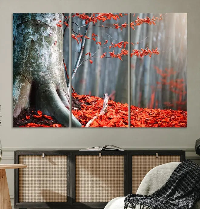 The room features the ready-to-hang Autumn Forest Wall Art Landscape Canvas Print, depicting a tree trunk with red leaves on the wall.