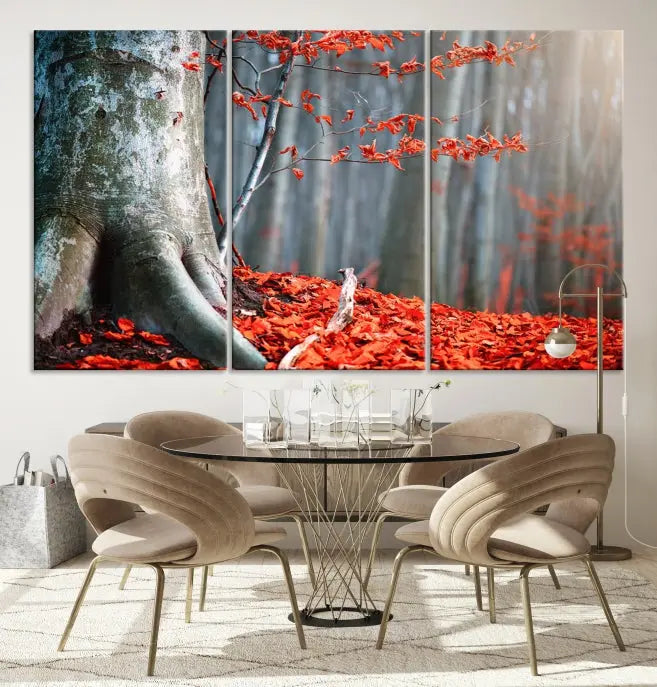 The room features the ready-to-hang Autumn Forest Wall Art Landscape Canvas Print, depicting a tree trunk with red leaves on the wall.