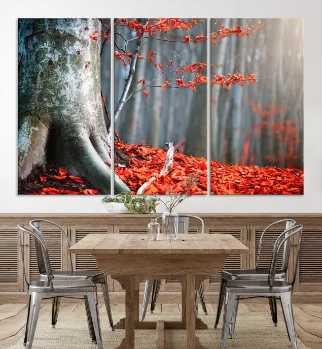 The room features the ready-to-hang Autumn Forest Wall Art Landscape Canvas Print, depicting a tree trunk with red leaves on the wall.