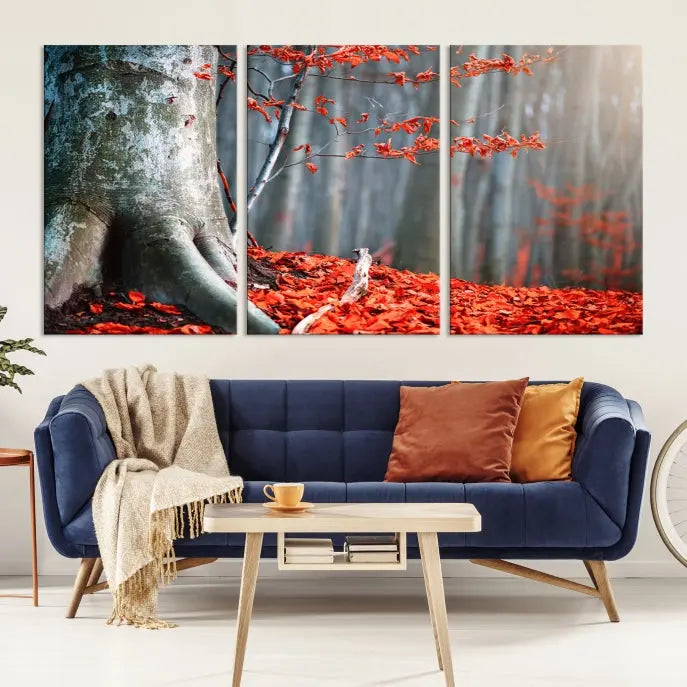 The room features the ready-to-hang Autumn Forest Wall Art Landscape Canvas Print, depicting a tree trunk with red leaves on the wall.