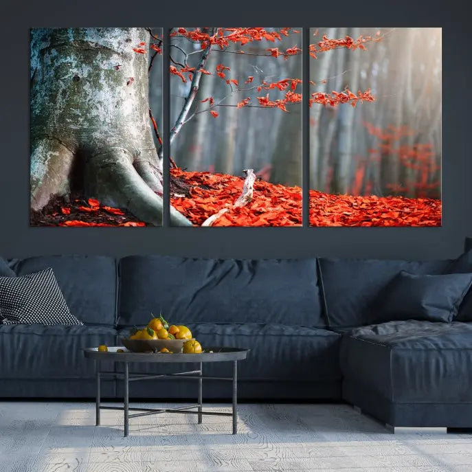 The room features the ready-to-hang Autumn Forest Wall Art Landscape Canvas Print, depicting a tree trunk with red leaves on the wall.