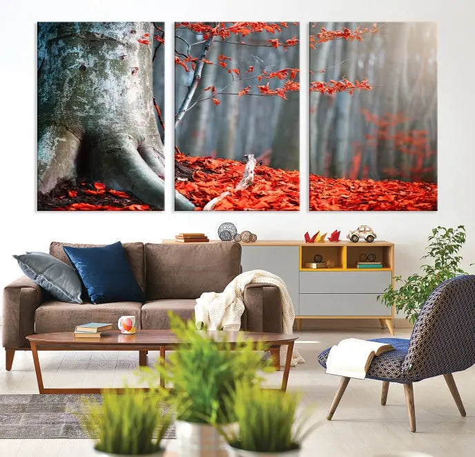 The room features the ready-to-hang Autumn Forest Wall Art Landscape Canvas Print, depicting a tree trunk with red leaves on the wall.