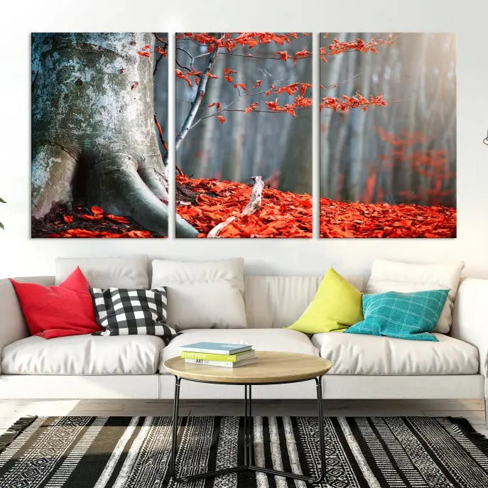 The room features the ready-to-hang Autumn Forest Wall Art Landscape Canvas Print, depicting a tree trunk with red leaves on the wall.