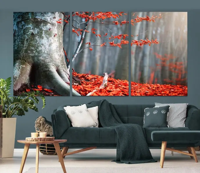 The room features the ready-to-hang Autumn Forest Wall Art Landscape Canvas Print, depicting a tree trunk with red leaves on the wall.