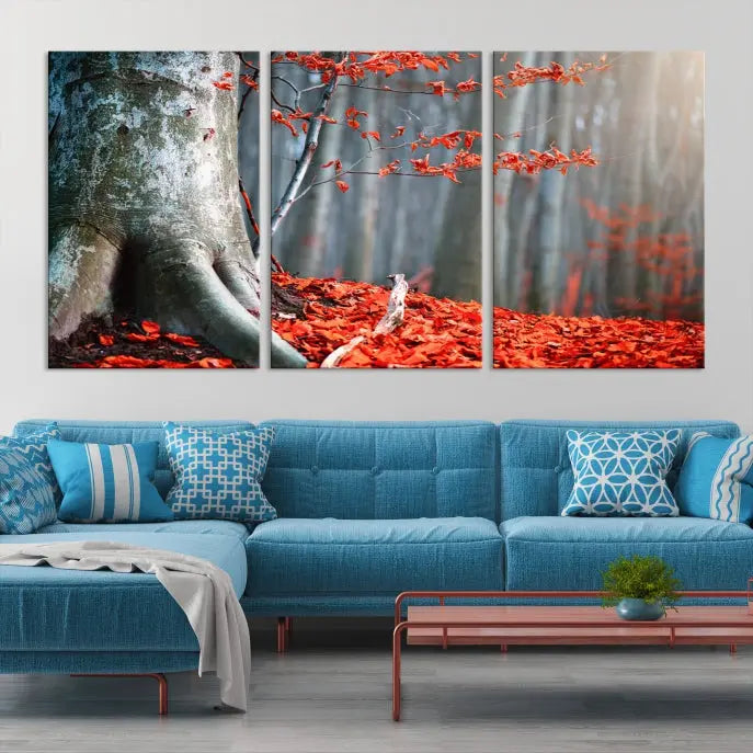 The room features the ready-to-hang Autumn Forest Wall Art Landscape Canvas Print, depicting a tree trunk with red leaves on the wall.