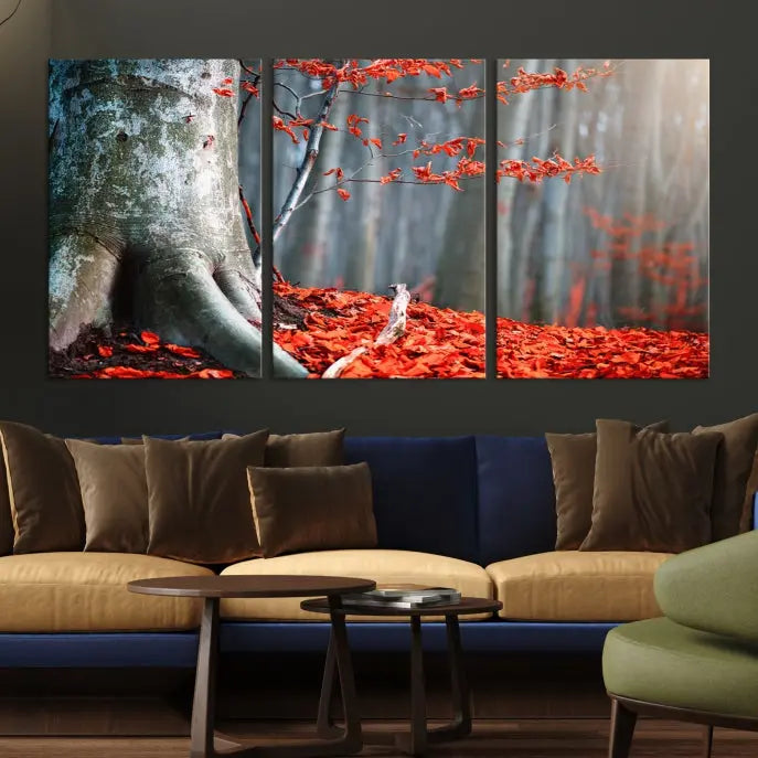 The room features the ready-to-hang Autumn Forest Wall Art Landscape Canvas Print, depicting a tree trunk with red leaves on the wall.