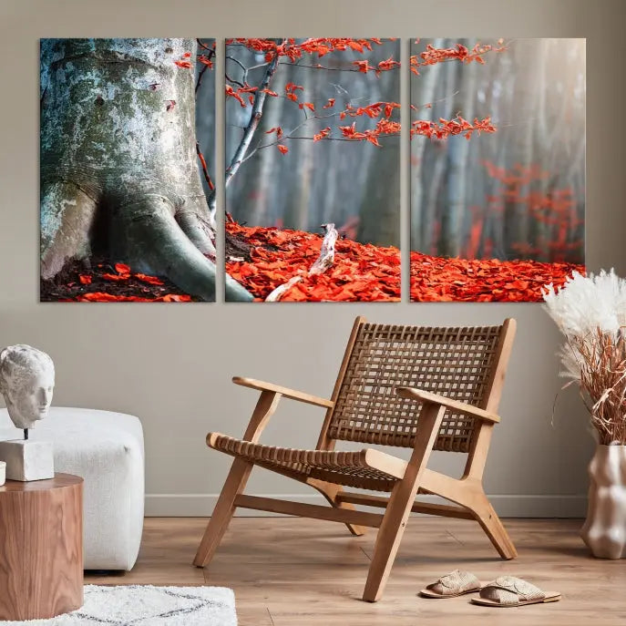 The room features the ready-to-hang Autumn Forest Wall Art Landscape Canvas Print, depicting a tree trunk with red leaves on the wall.