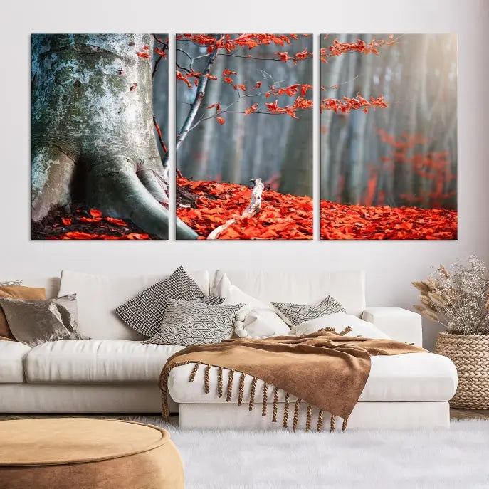 The room features the ready-to-hang Autumn Forest Wall Art Landscape Canvas Print, depicting a tree trunk with red leaves on the wall.