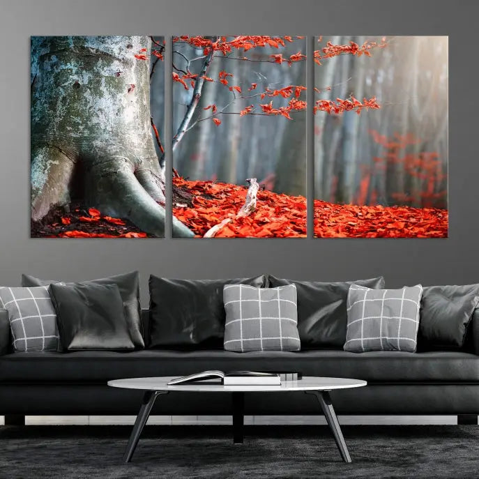 The room features the ready-to-hang Autumn Forest Wall Art Landscape Canvas Print, depicting a tree trunk with red leaves on the wall.