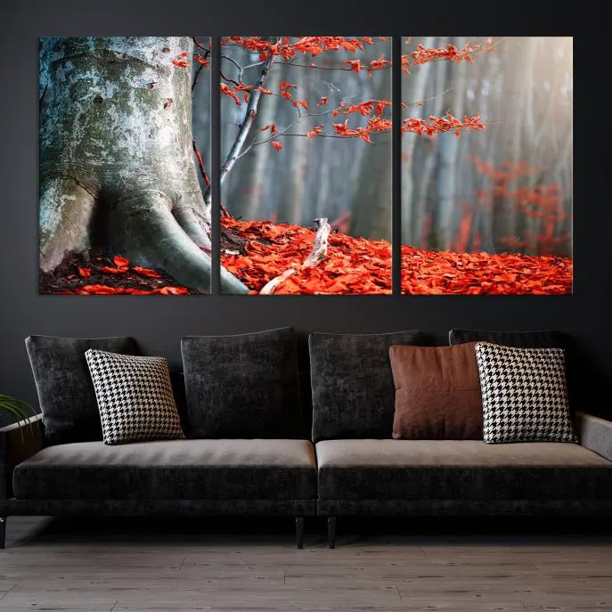 The room features the ready-to-hang Autumn Forest Wall Art Landscape Canvas Print, depicting a tree trunk with red leaves on the wall.