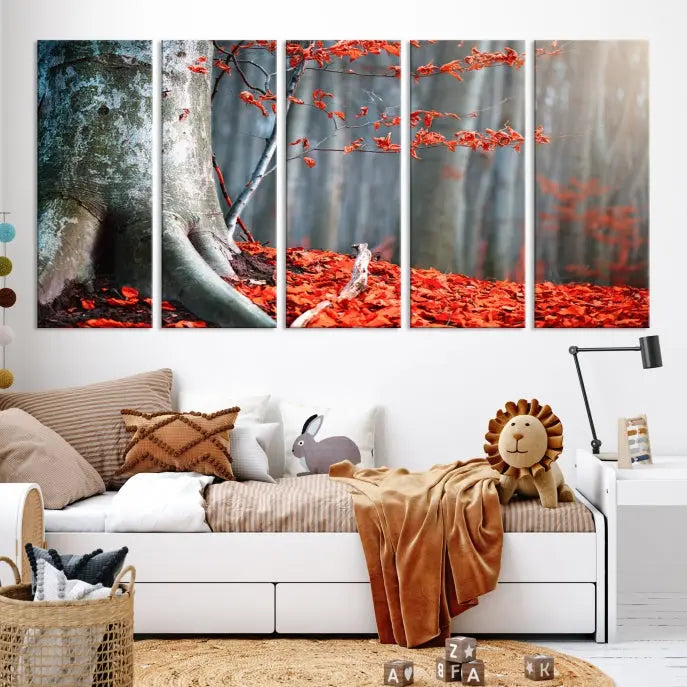 The room features the ready-to-hang Autumn Forest Wall Art Landscape Canvas Print, depicting a tree trunk with red leaves on the wall.