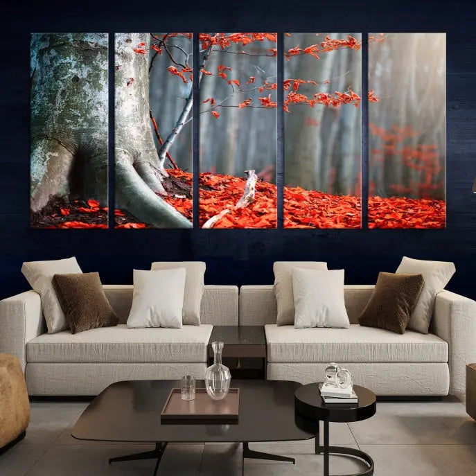 The room features the ready-to-hang Autumn Forest Wall Art Landscape Canvas Print, depicting a tree trunk with red leaves on the wall.