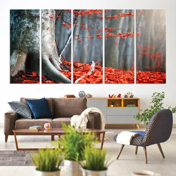 The room features the ready-to-hang Autumn Forest Wall Art Landscape Canvas Print, depicting a tree trunk with red leaves on the wall.