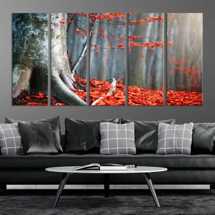 The room features the ready-to-hang Autumn Forest Wall Art Landscape Canvas Print, depicting a tree trunk with red leaves on the wall.