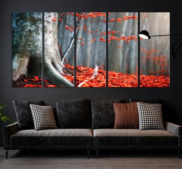 The room features the ready-to-hang Autumn Forest Wall Art Landscape Canvas Print, depicting a tree trunk with red leaves on the wall.