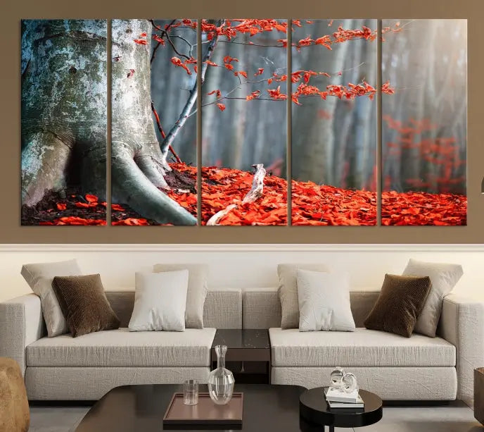 The room features the ready-to-hang Autumn Forest Wall Art Landscape Canvas Print, depicting a tree trunk with red leaves on the wall.