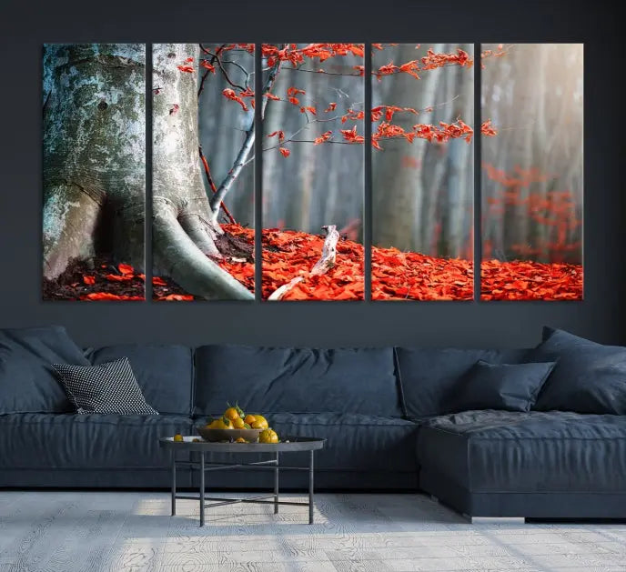 The room features the ready-to-hang Autumn Forest Wall Art Landscape Canvas Print, depicting a tree trunk with red leaves on the wall.