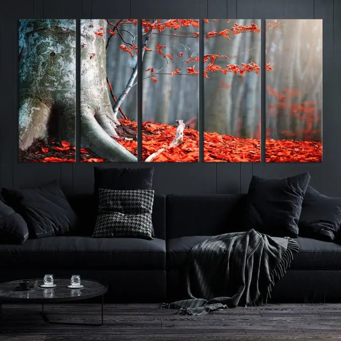 The room features the ready-to-hang Autumn Forest Wall Art Landscape Canvas Print, depicting a tree trunk with red leaves on the wall.