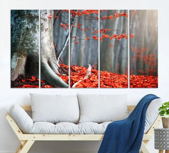 The room features the ready-to-hang Autumn Forest Wall Art Landscape Canvas Print, depicting a tree trunk with red leaves on the wall.