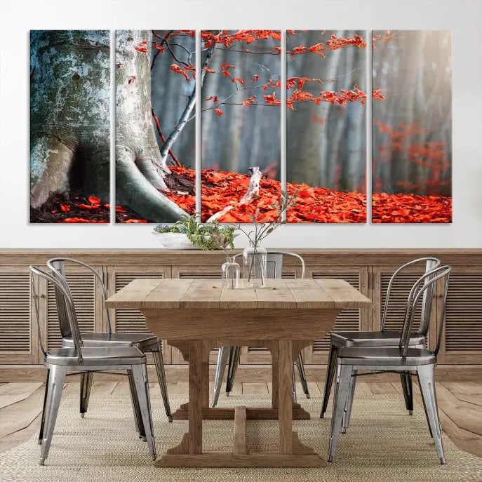 The room features the ready-to-hang Autumn Forest Wall Art Landscape Canvas Print, depicting a tree trunk with red leaves on the wall.