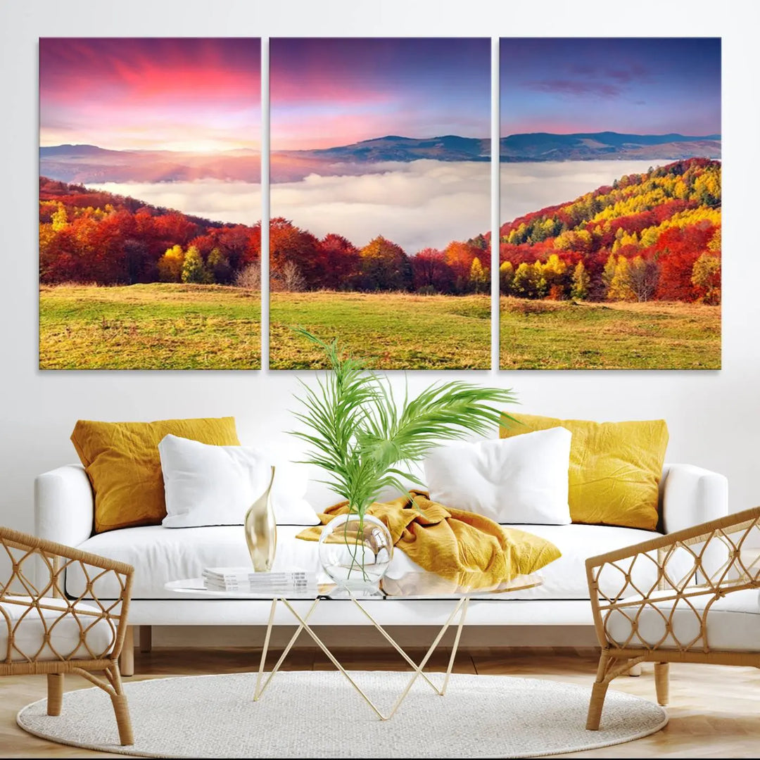 The Autumn Mountain Foggy Landscape canvas print hangs prominently.