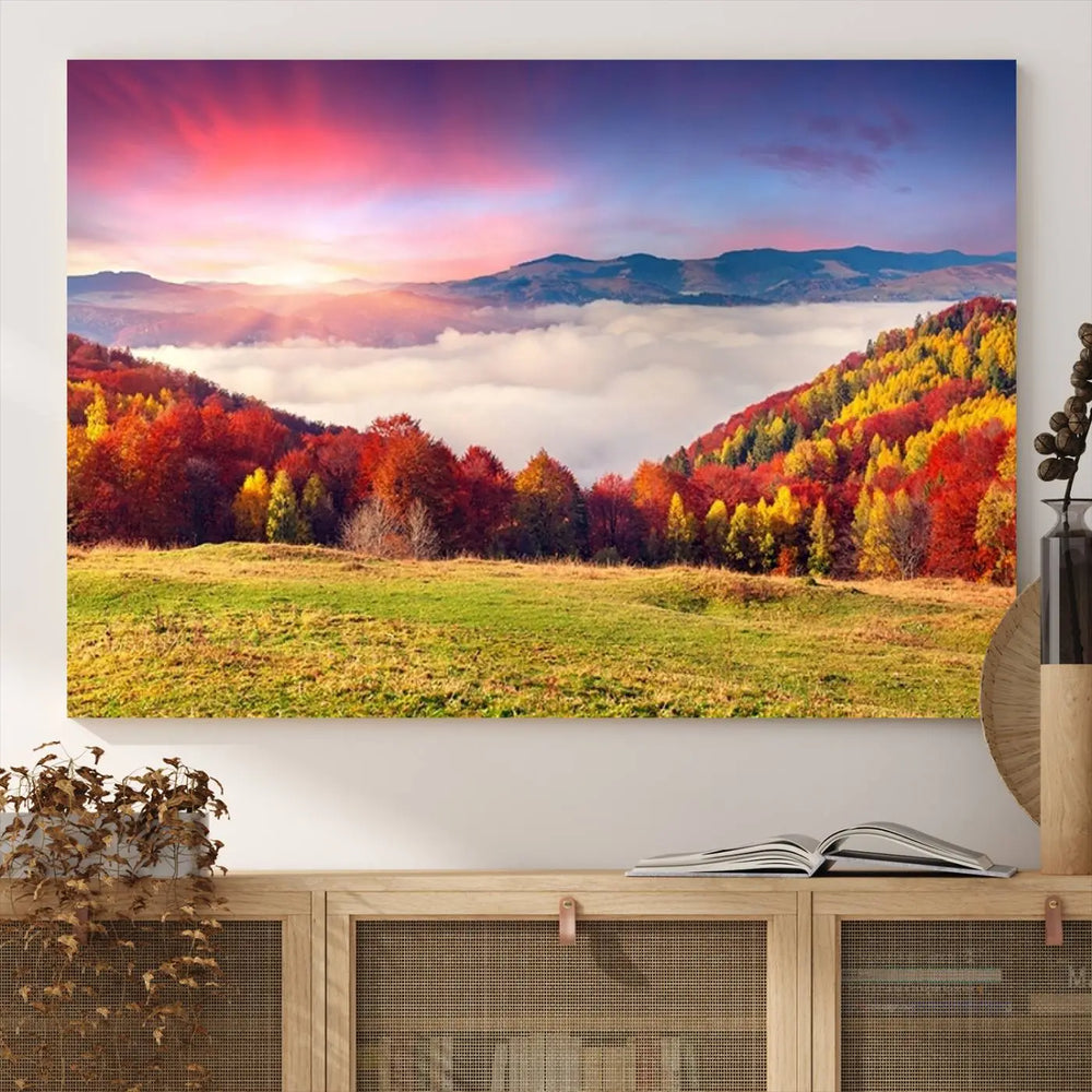 The Autumn Mountain Foggy Landscape canvas print hangs prominently.