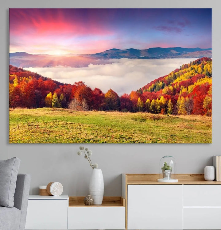 The Autumn Mountain Foggy Landscape canvas print hangs prominently.