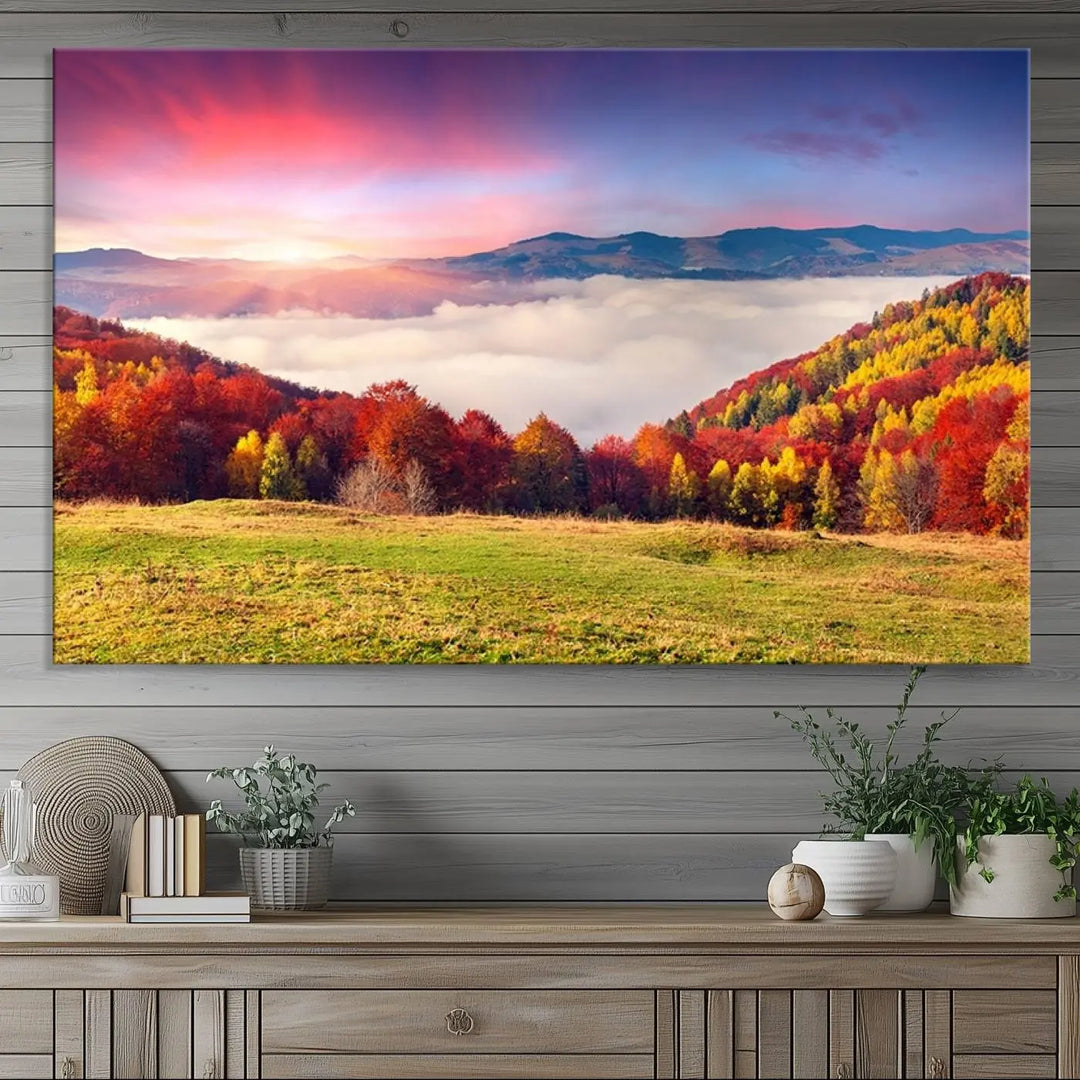 The Autumn Mountain Foggy Landscape canvas print hangs prominently.