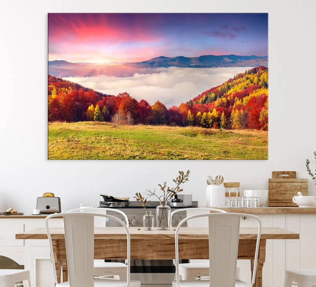 The Autumn Mountain Foggy Landscape canvas print hangs prominently.