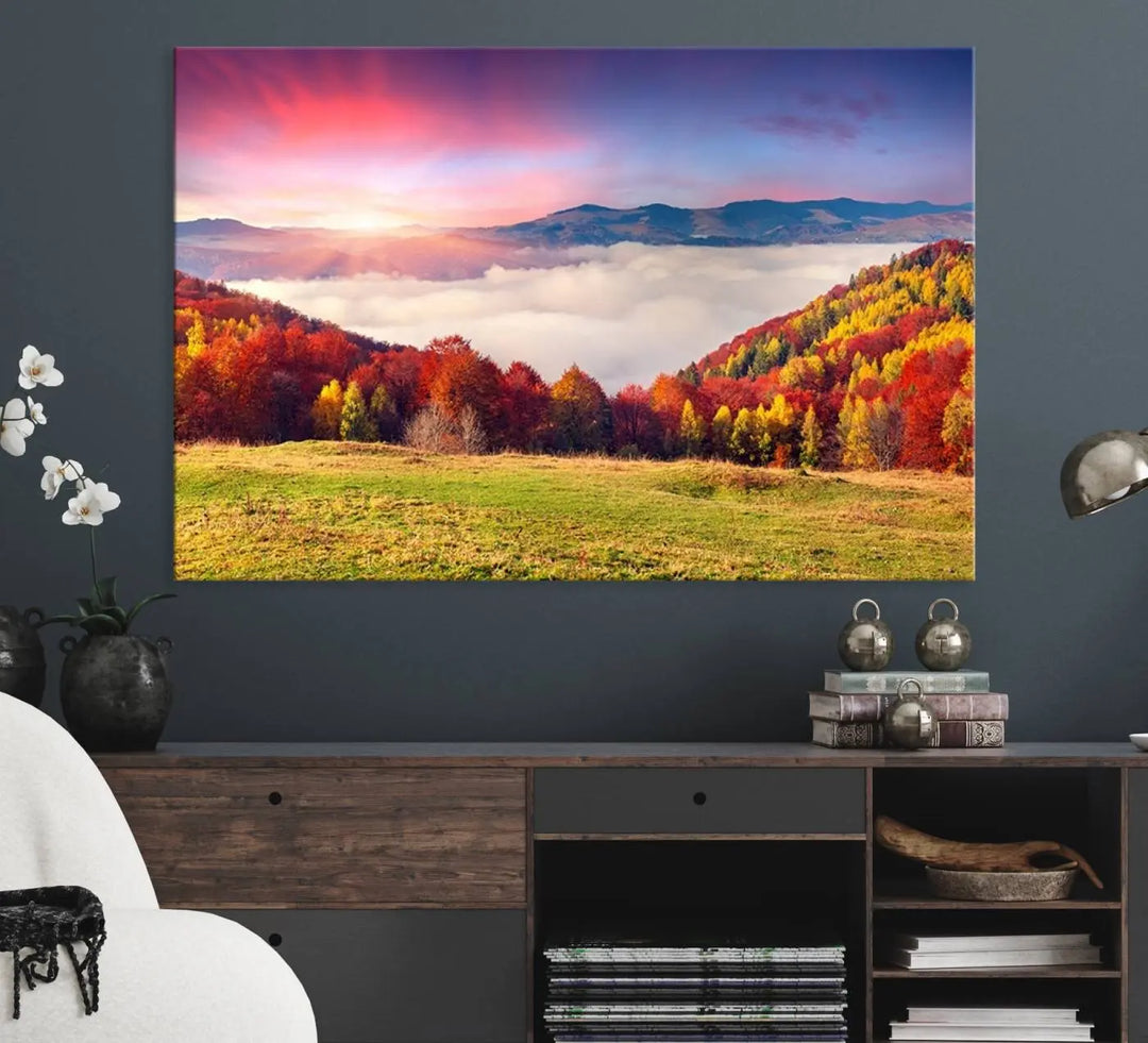 The Autumn Mountain Foggy Landscape canvas print hangs prominently.