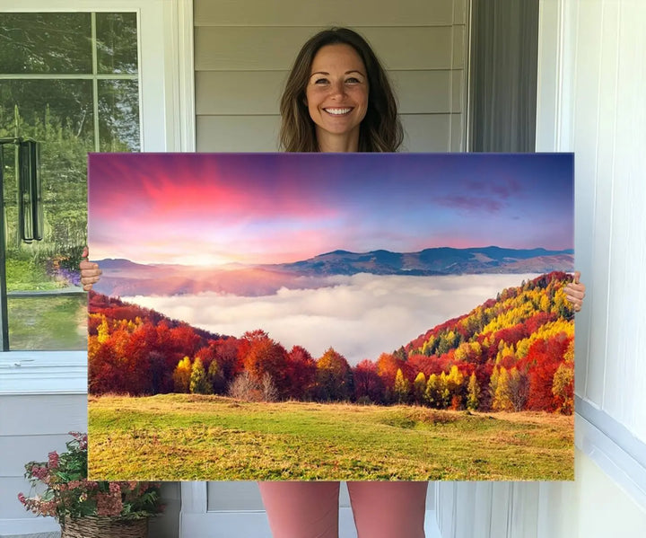 The Autumn Mountain Foggy Landscape canvas print hangs prominently.